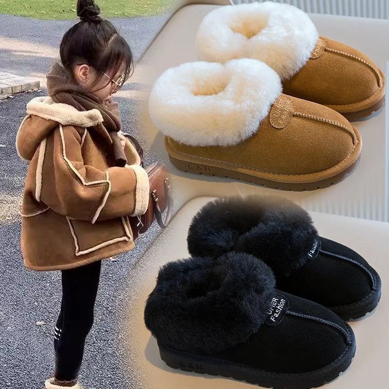 

2025 Winter Girls Snow Boots with Faux Fur Cuff, Fleece-Lined Thick Warm Baby Booties, Cute Anti-Slip Sole Waterproof Kids Boots