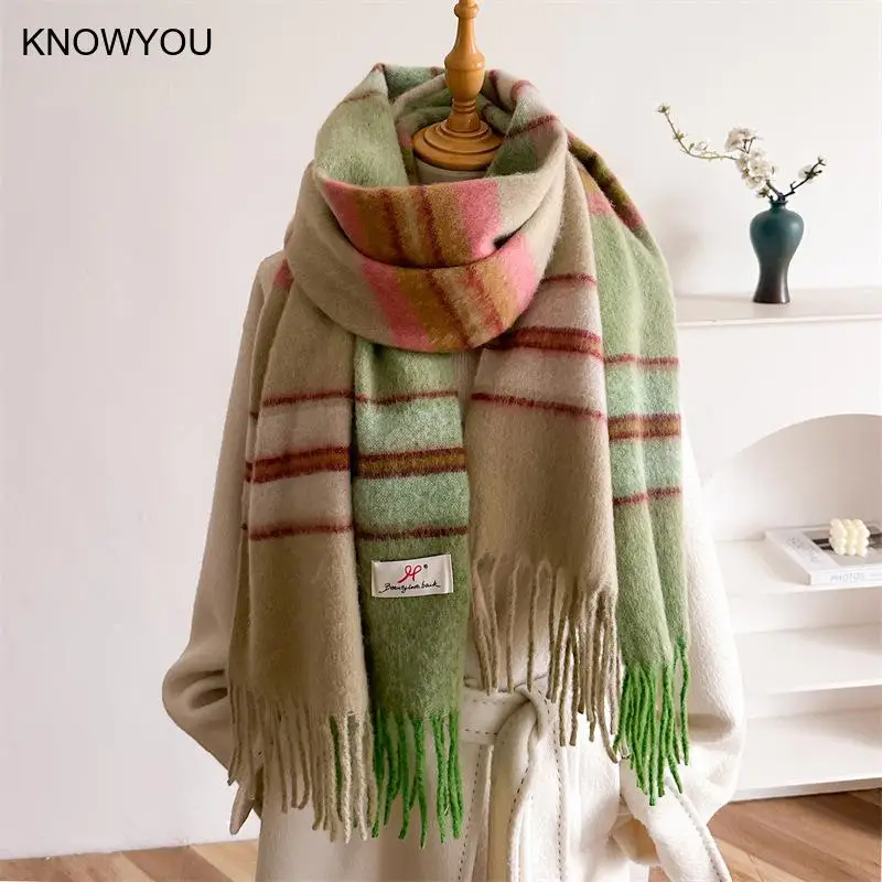 2026 Winter Thick Warm Scarf Women Cashmere Shawl Wraps Pashmina Neckerchief Bufanda Female Rainbow Hairy Tassel Echarpe Poncho