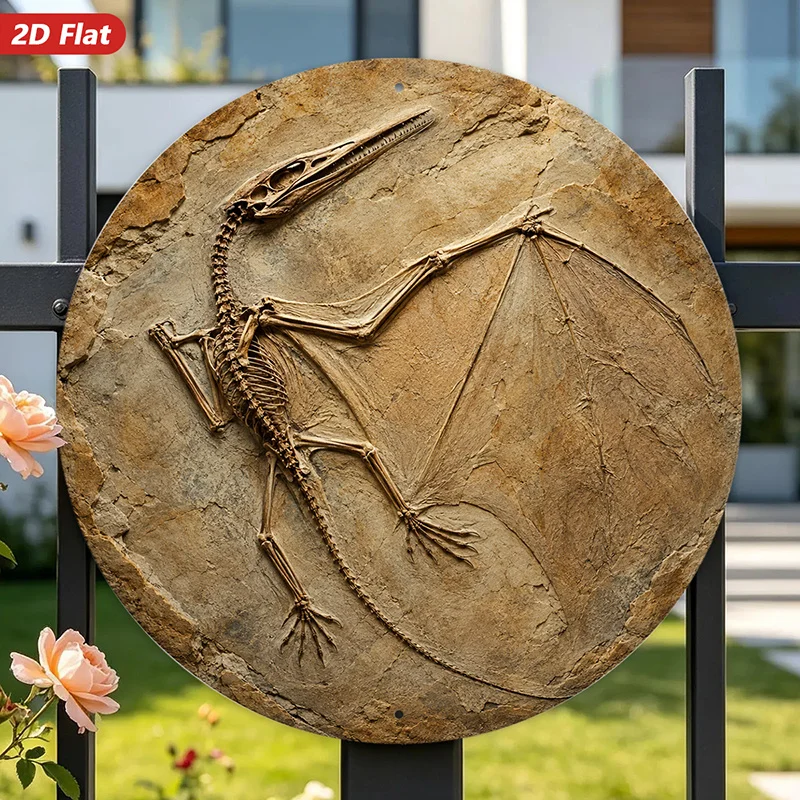 2D Vintage Metal Pterosaur Fossil Wall Art, Round Dinosaur Sign for Home Decor, Stone Texture Paleontology Style Indoor Outdoor