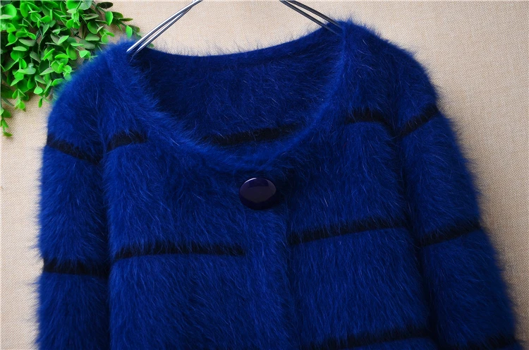 Ladies Women Fall Winter Clothing Blue Hairy Angora Rabbit Hair Knitted Long Sleeves Short Style Loose Cardigans Jacket Sweater