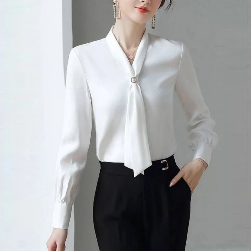 Green White Korean Elegant Office Lady Shirt Spring Autumn Women Bow Chic Temperament Long Sleeve Loose Blouse Tops Blusas Mujer