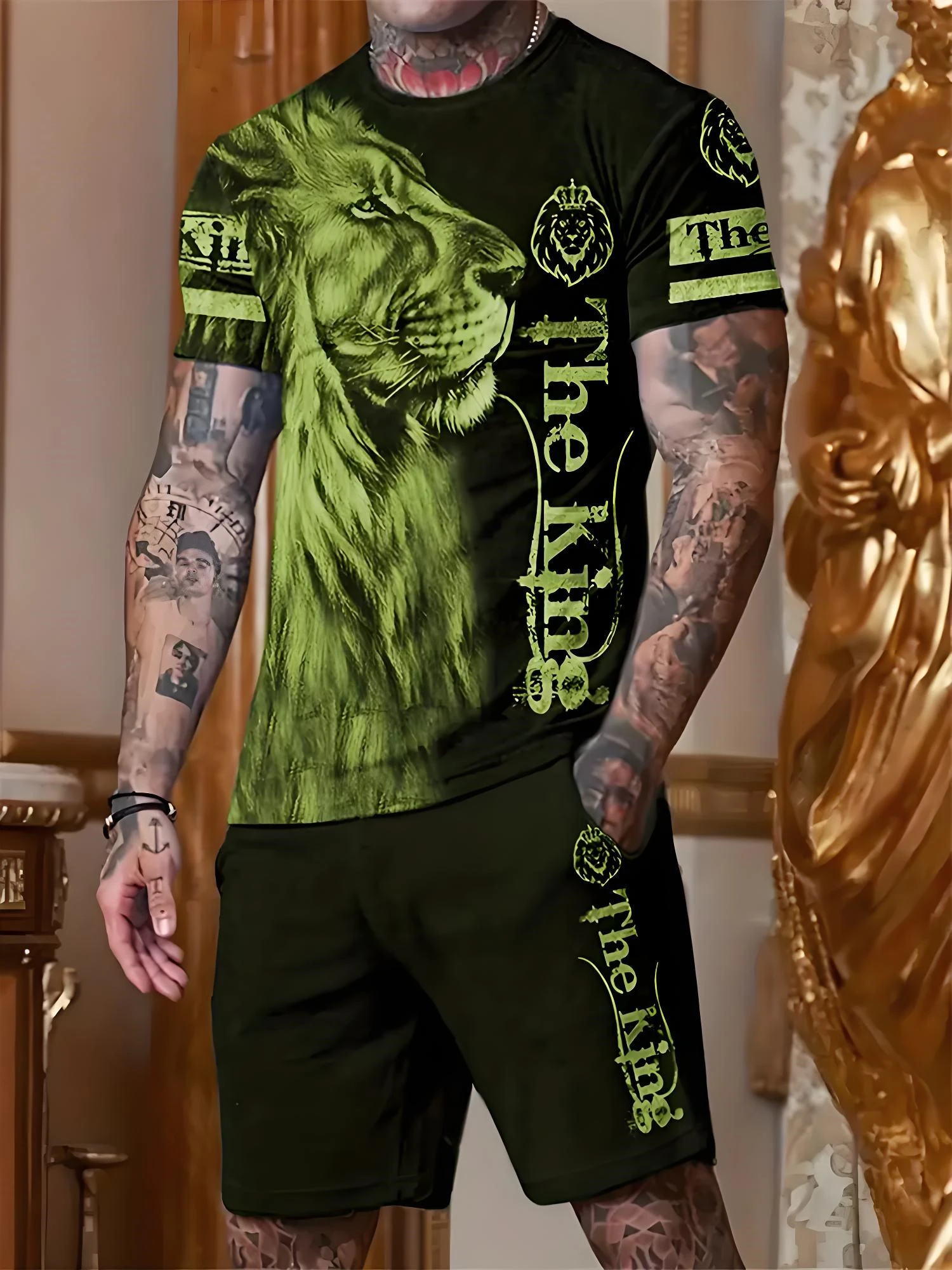 Fashion Lion Graphic Shorts Short Sleeve Set Men's Quick Drying Sports T-shirt Drawstring Shorts 2-piece Set T Shirt For Man