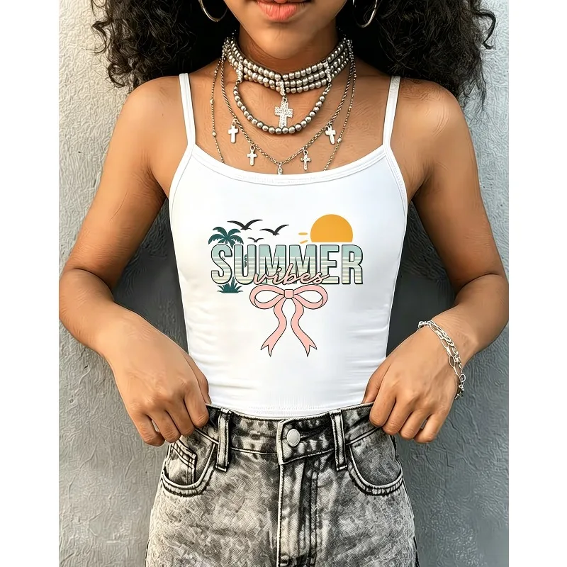 Women Summer Vibes Bow Palm Sunset Print Spaghetti Strap Tank Sleeveless Cami Beach Holiday Y2K Casual Camisole Vest