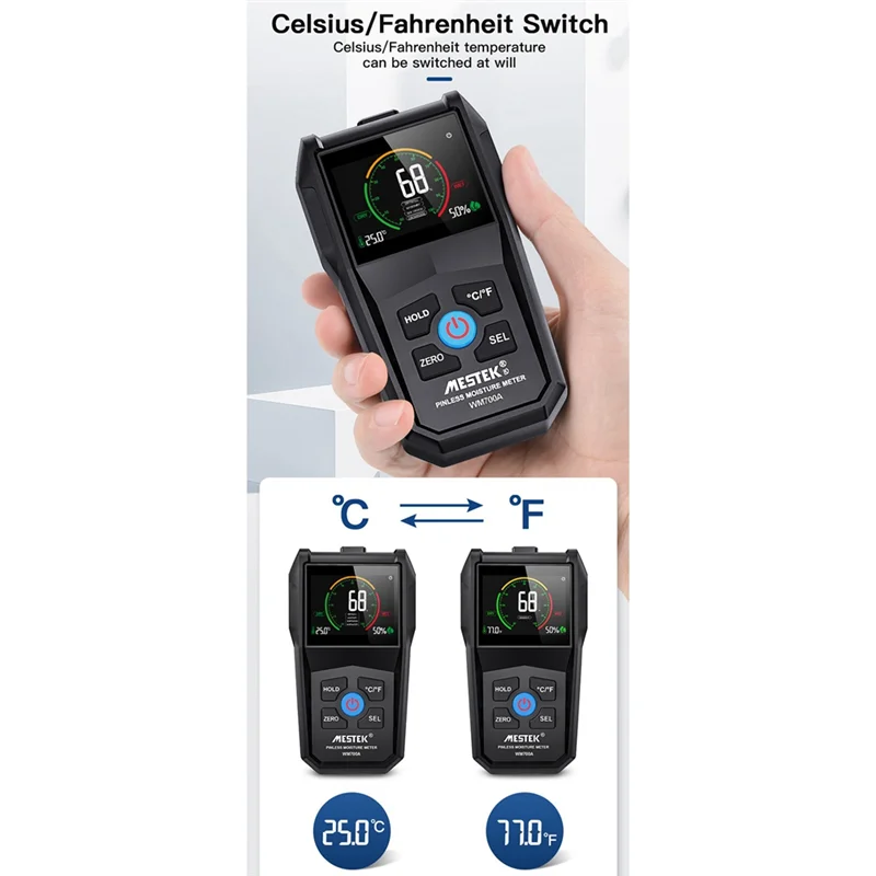 B74A MESTEK Wood Moisture Meter Plastic Wood Moisture Meter Temperature Humidity Detection Home Moisture Detector
