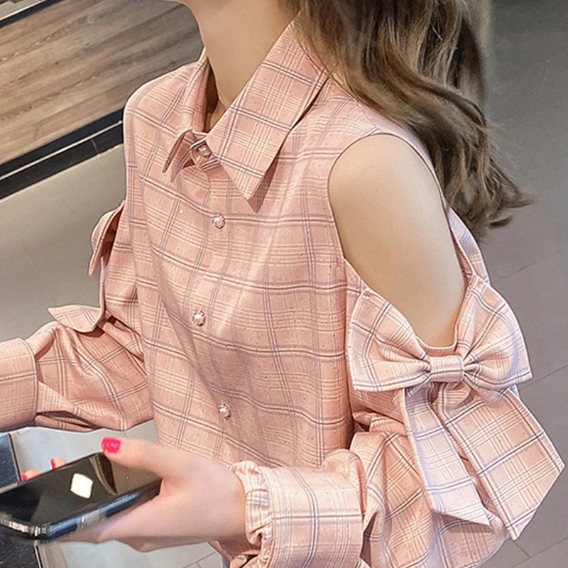 French Elegant Blouses Bow Off Shoulder Long Sleeve Plaid Button Cardigan Shirts Spring Fashion Design All Match Women Clothing