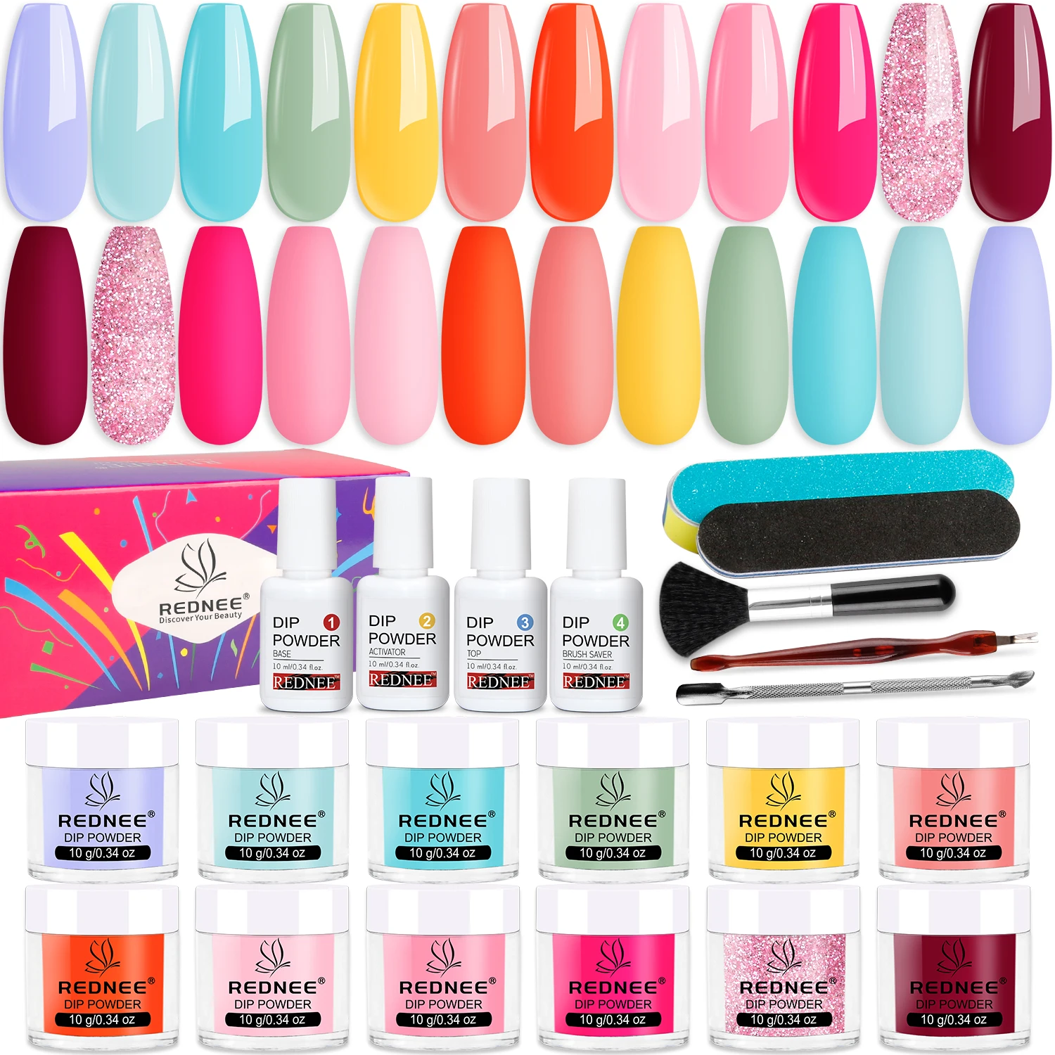 12-Farben-Tauchpulver und Basis-Top-Coat-Aktivator und unverzichtbare Werkzeuge für DIY-Nagelkunst-Design-Geschenke für Frauen