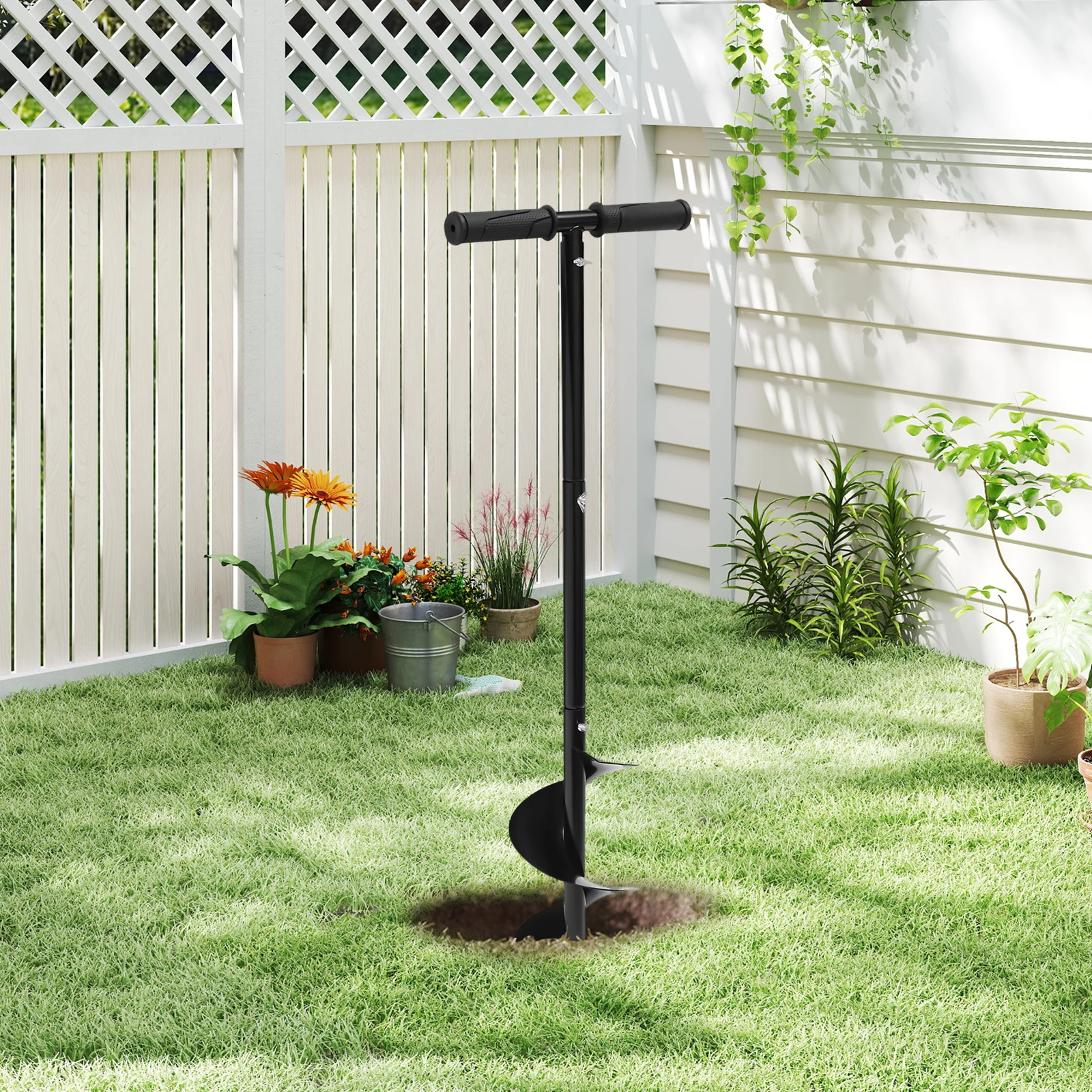 

6 Inch Manual Garden Auger Drill Adjustable Height Planting Hole Digger with Gloves for Garden Beach