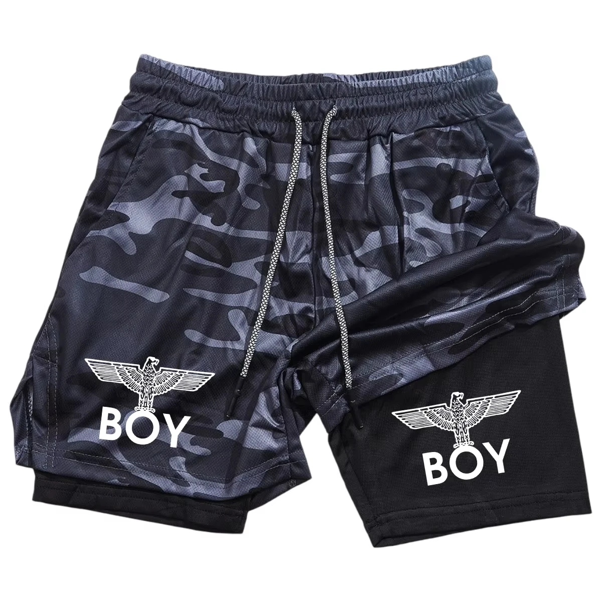 BOY Eagle Running Shorts for Men Mesh Material Multi-Pockets Beach Sports Leisure Double Layered Ajusted Fit