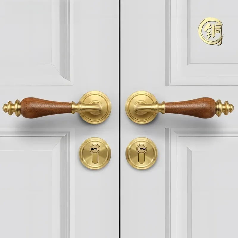 French Retro Walnut Double Open Brass Interior Door Lock Universal Silent Split Room Door Lock for Bedroom Office