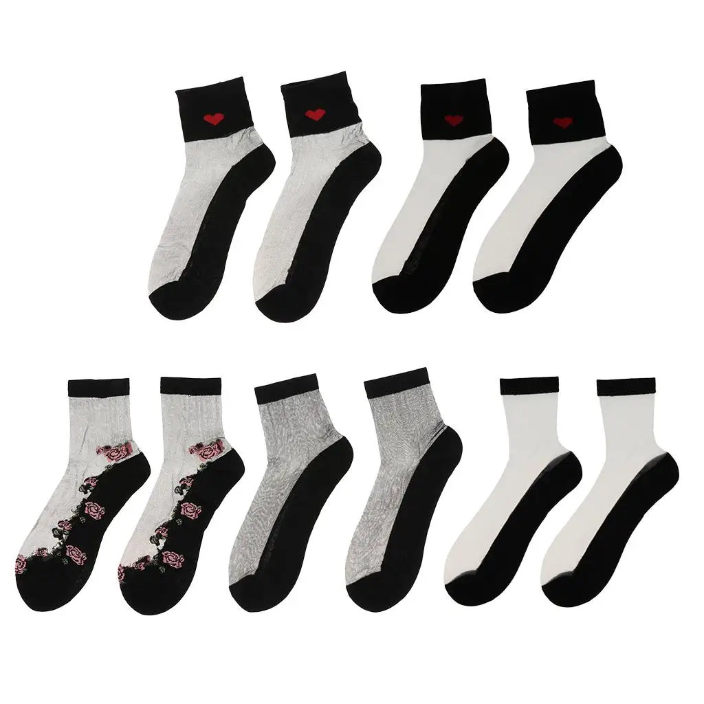

2 pcs Women Lace Socks Crystal Glass Silk Short Thin Transparent Red Socks