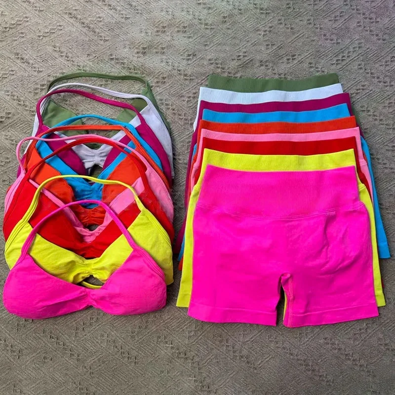 Yoga Strappy Bra Leggings Gym Set Women's Seamless High Elastic Gym Bra Vest Buttock lift Shorts Set Daily Exercise Sports Set