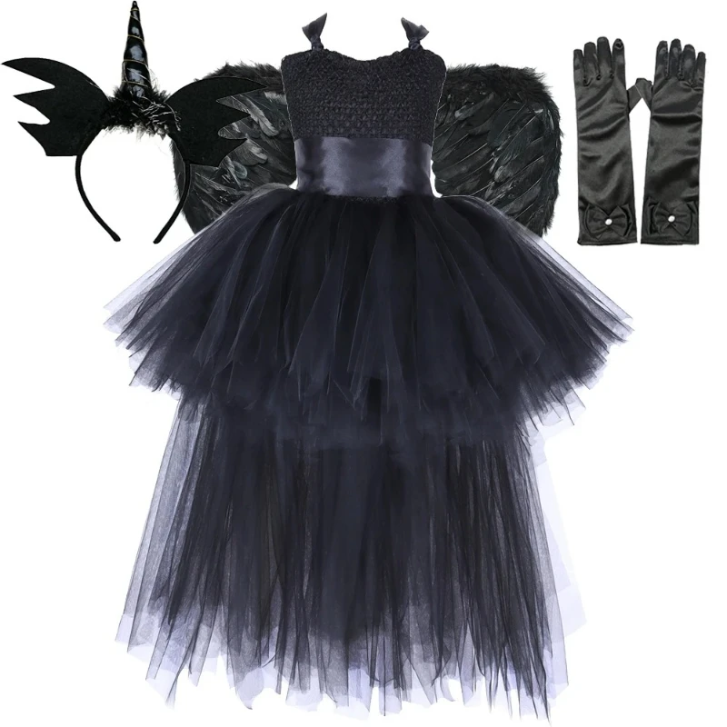 

Dark Witch Halloween Costumes for Girls High Low Outfit Kids Black Devil Angel Fancy Trailing Dress with Feather Wings Bat Horns