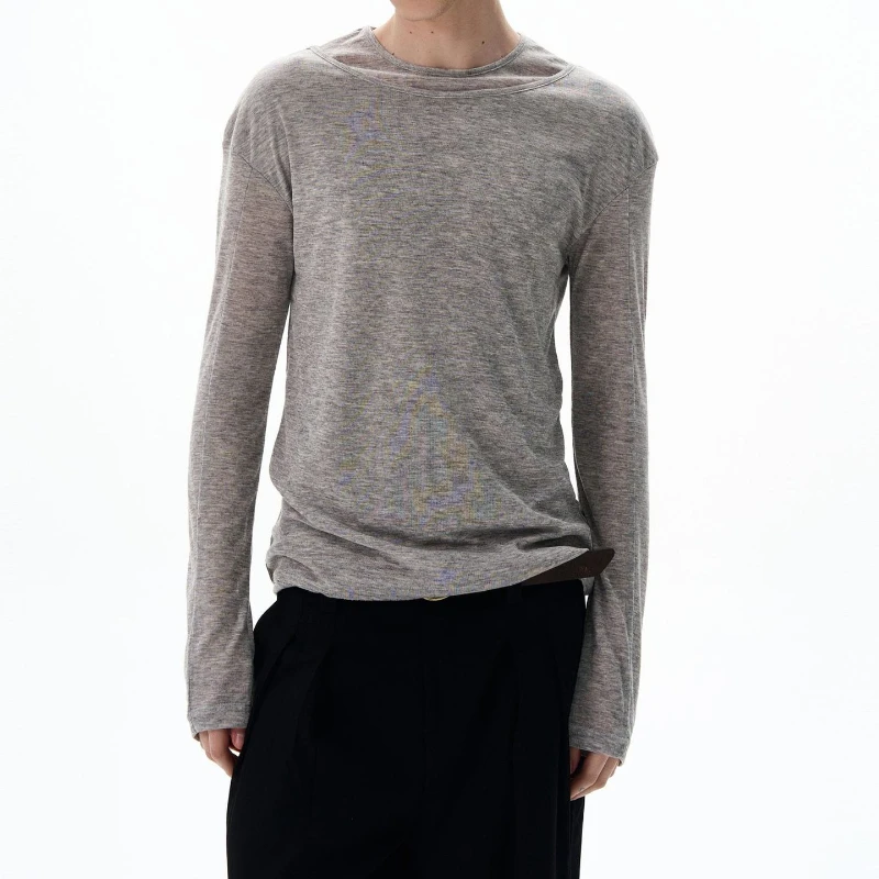 

solid color double-layer collar round neck long-sleeved T-shirt fake two-piece European and American men's bottoming shirt top