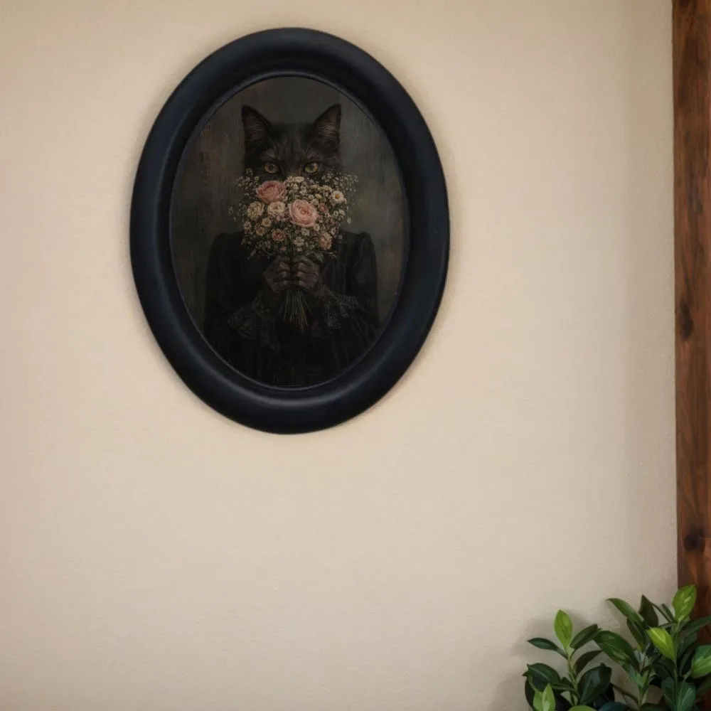 1 Piece Gothic Retro Style Bouquet, Black Robe, Black Cat Photo Frame Wall Decoration - 3D Wall Art, Halloween Oval Wooden Decoration, Suitable for Home and Office, Perfect for Halloween and Living Room Decoration, Fine Craftsmanship, Cat Decoration