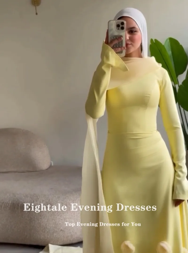Eightale 아랍어 이브닝 드레스 오-넥 댄스 파티 드레스 맞춤형 새틴 3D 꽃 노란색 웨딩 파티 드레스 인어 로브 드 Soirée
