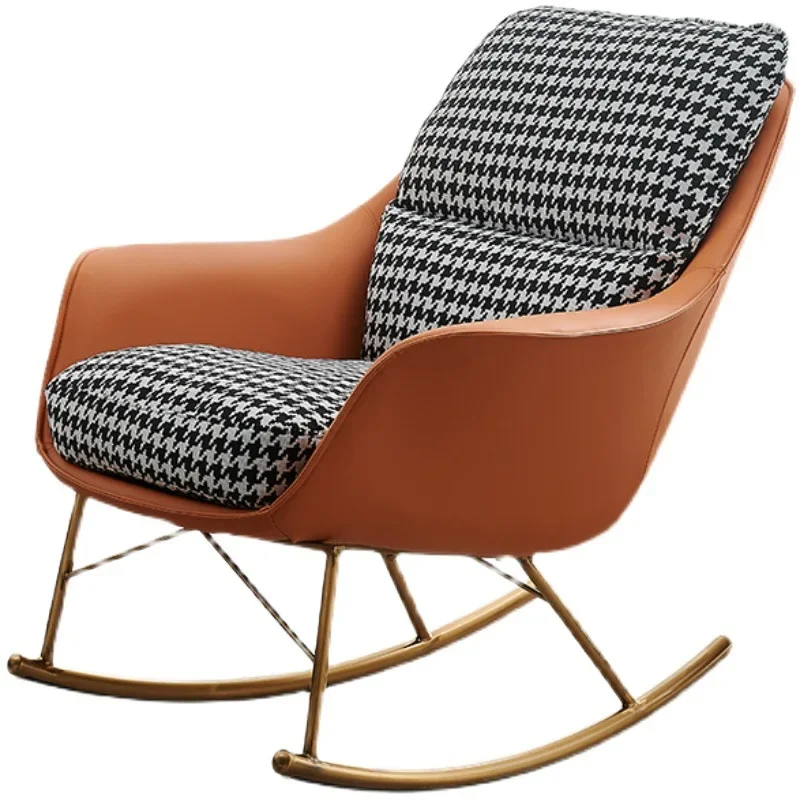 Simple modern stainless steel rocking chair single leather cloth thousand bird grid sofa chair living room balcony lazy
