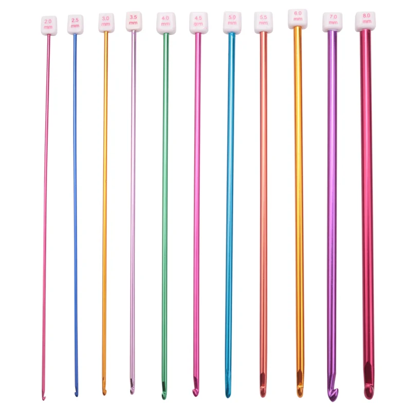 11pcs 27cm Multicolour Aluminum Tunisian Afghan Crochet Hook Knit Needles 2-8mm