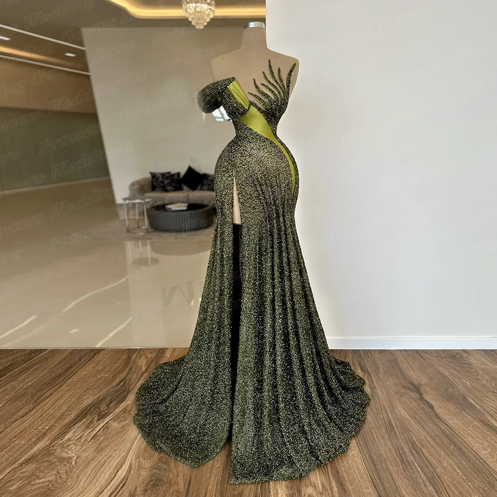 Glitter Bead Evening Dress Long Luxury 2022 Side Slit Floor Length Sheer Illusion Tulle Neck Unique Prom Party Gown For Woman