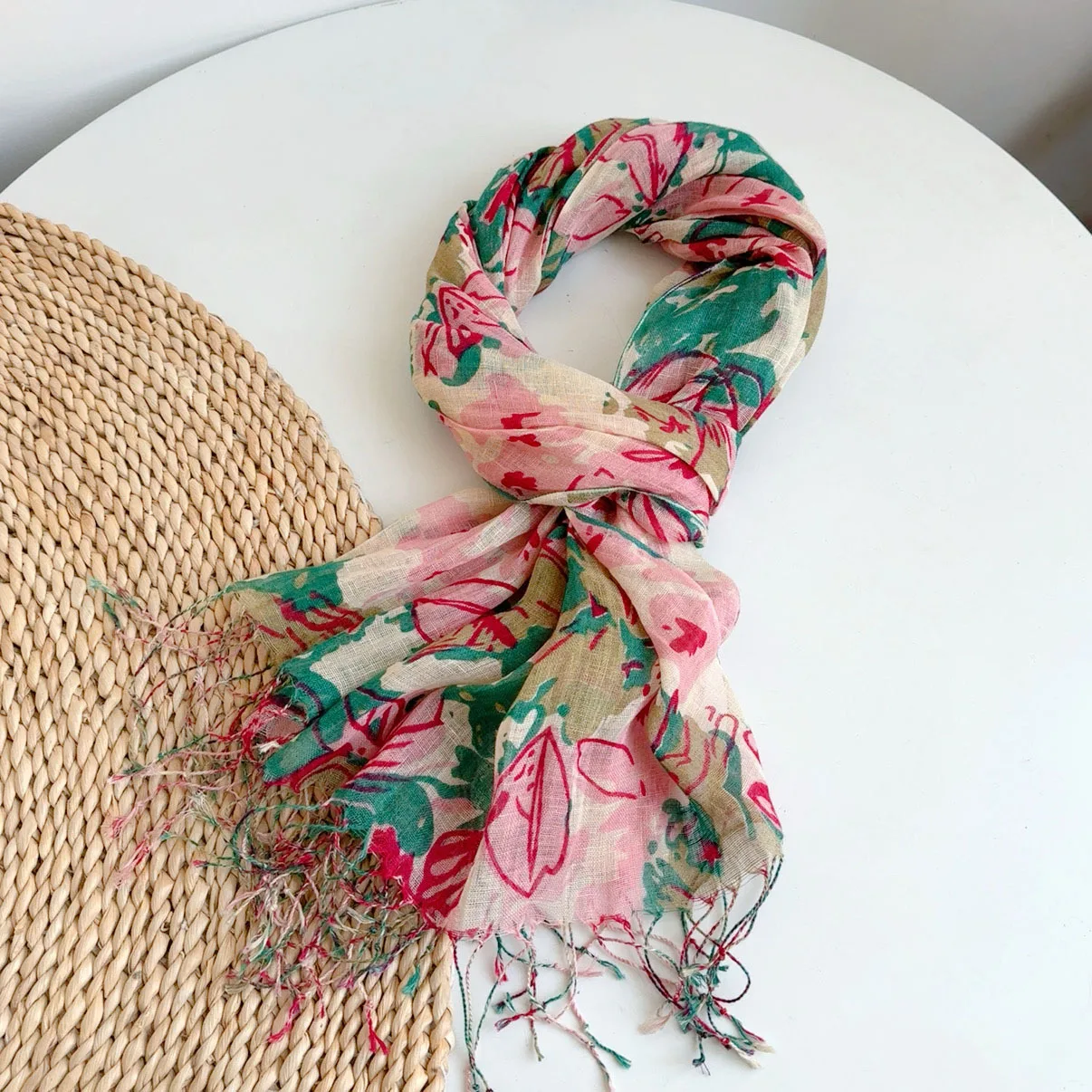 

100% linen floral print scarf for woman brand luxury scarf breathable soft boho long scarf with tassels woman accesories