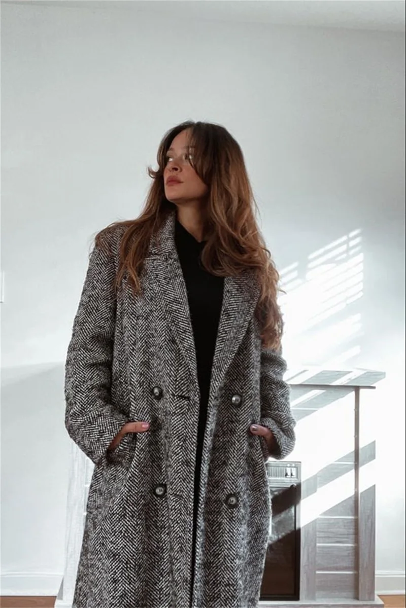 Herringbone Wool Women Overcoat Winter Thick Long Jacket Formal Double Breasted Office Business Custom Made Prom Trench Coat