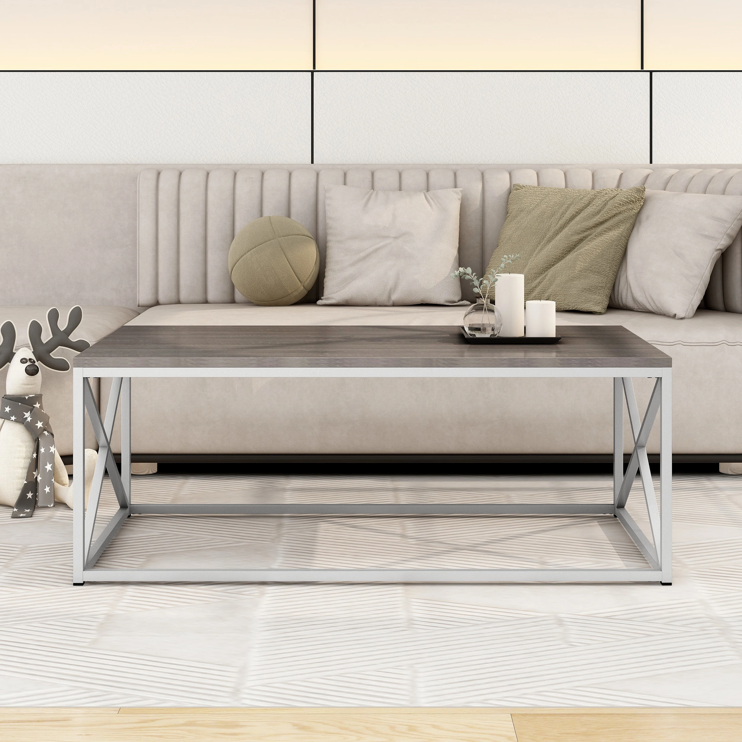 Coffee Table with Wood Top Modern Side Silver Coffee Table with Sturdy Metal Legs Quality Wood Rectangular Sofa Side Table