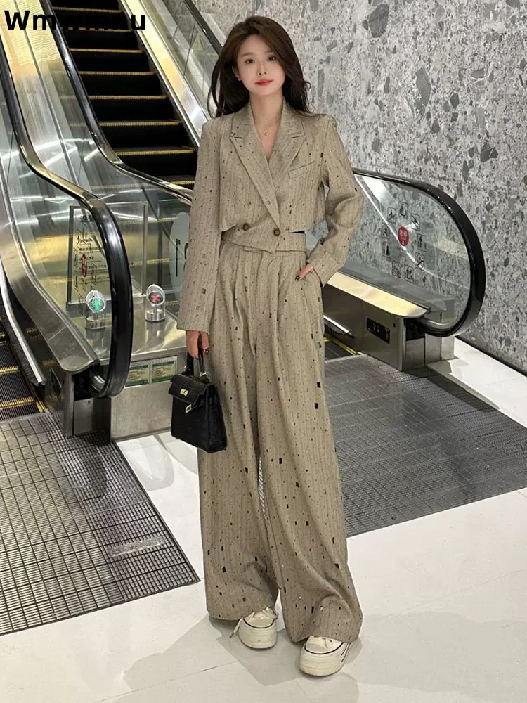 

Офисный костюм, ансамбль, женская модная повседневная куртка с бриллиантами, топ Conjuntos, широкие брюки с высокой талией, комплект из двух предметов