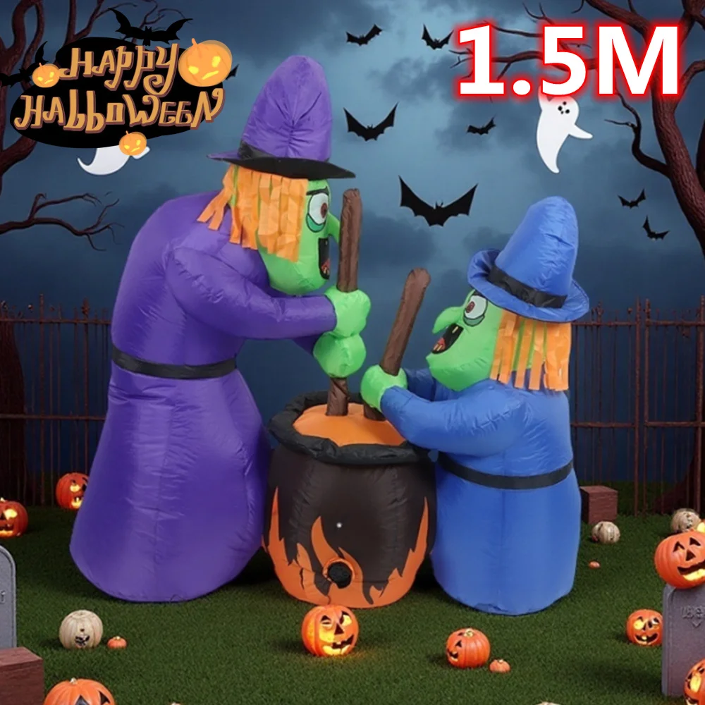 5FT Halloween Two Witches Boiling Medicine Model Built-in LED Lights for Halloween Outdoor Garden Lawn interest Decoration Props