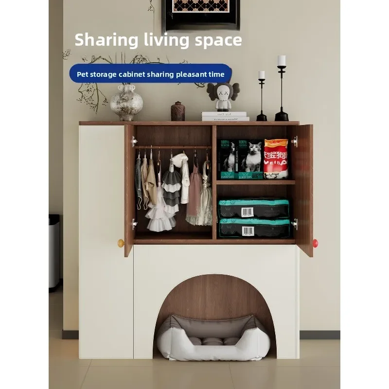 Cat's nest, kennel, storage cabinet above pet cat litter box, modern retro style home living room storage