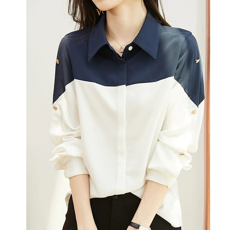 Spring Autumn Polo-neck Elegant Fashion Patchwork Shirt Women Loose Casual All-match Buttons Top Women Cardigan Blouse