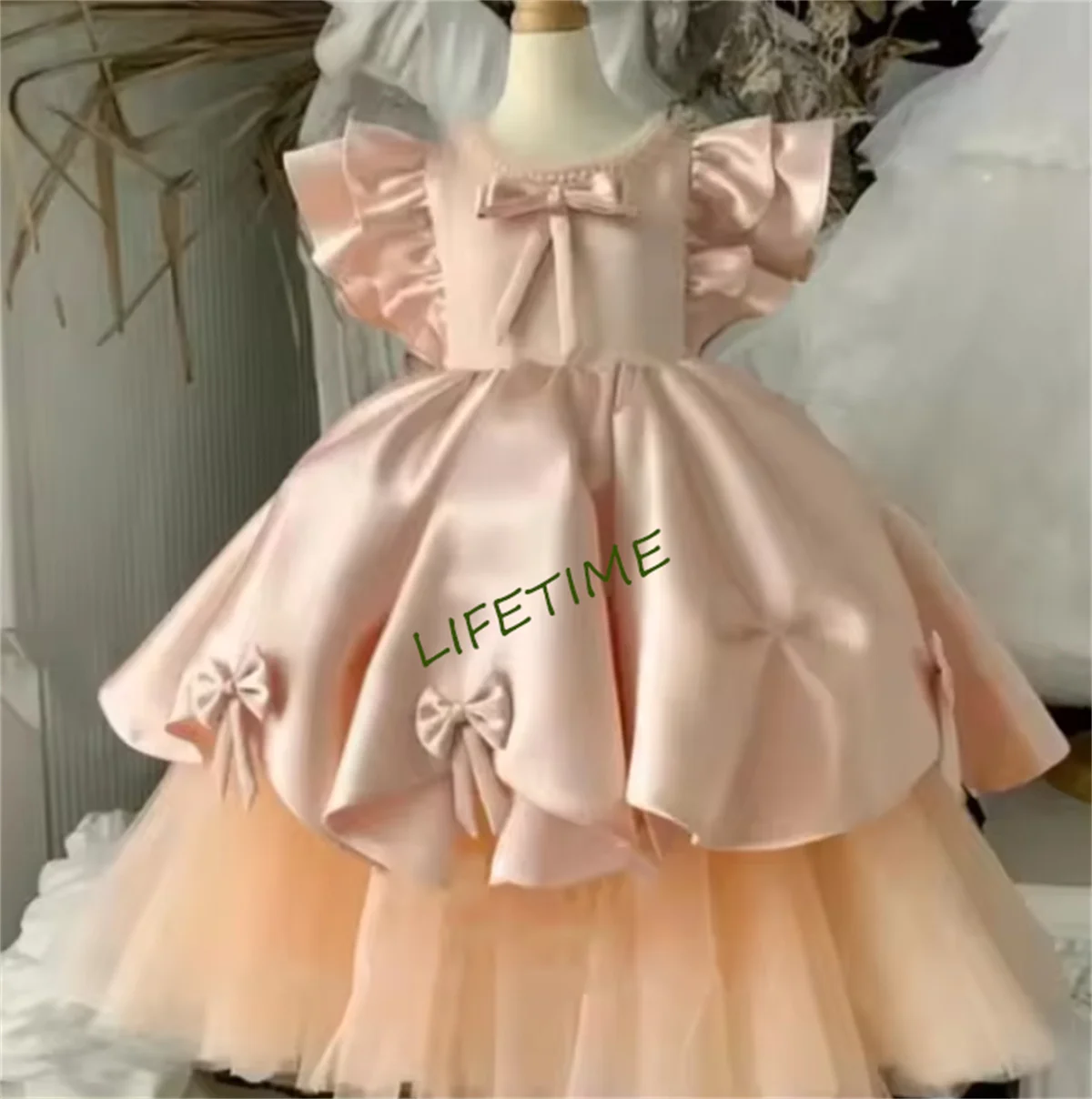 Pretty Fluffy Princess Flower Girl Dresses For Wedding Satin Tulle Pageant Gowns Baby Girl Birthday Party Dress