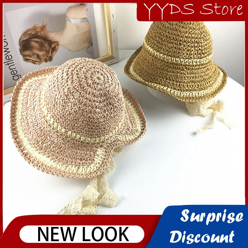 Summer Children's Straw Hat Rear Split Lace Sun Hat Princess Lace Lace Fisherman Hat Panama Beach Travel Sun Protection Hat