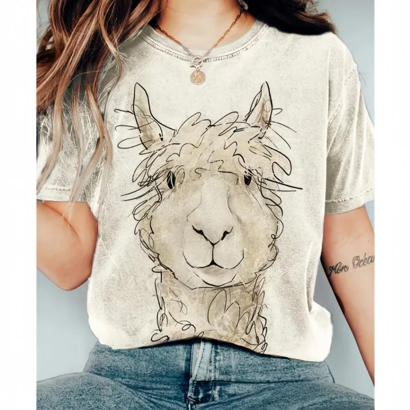 Funny Alpaca Art Vintage T Shirt Women's Casual Short Sleeved O Neck T Shirt