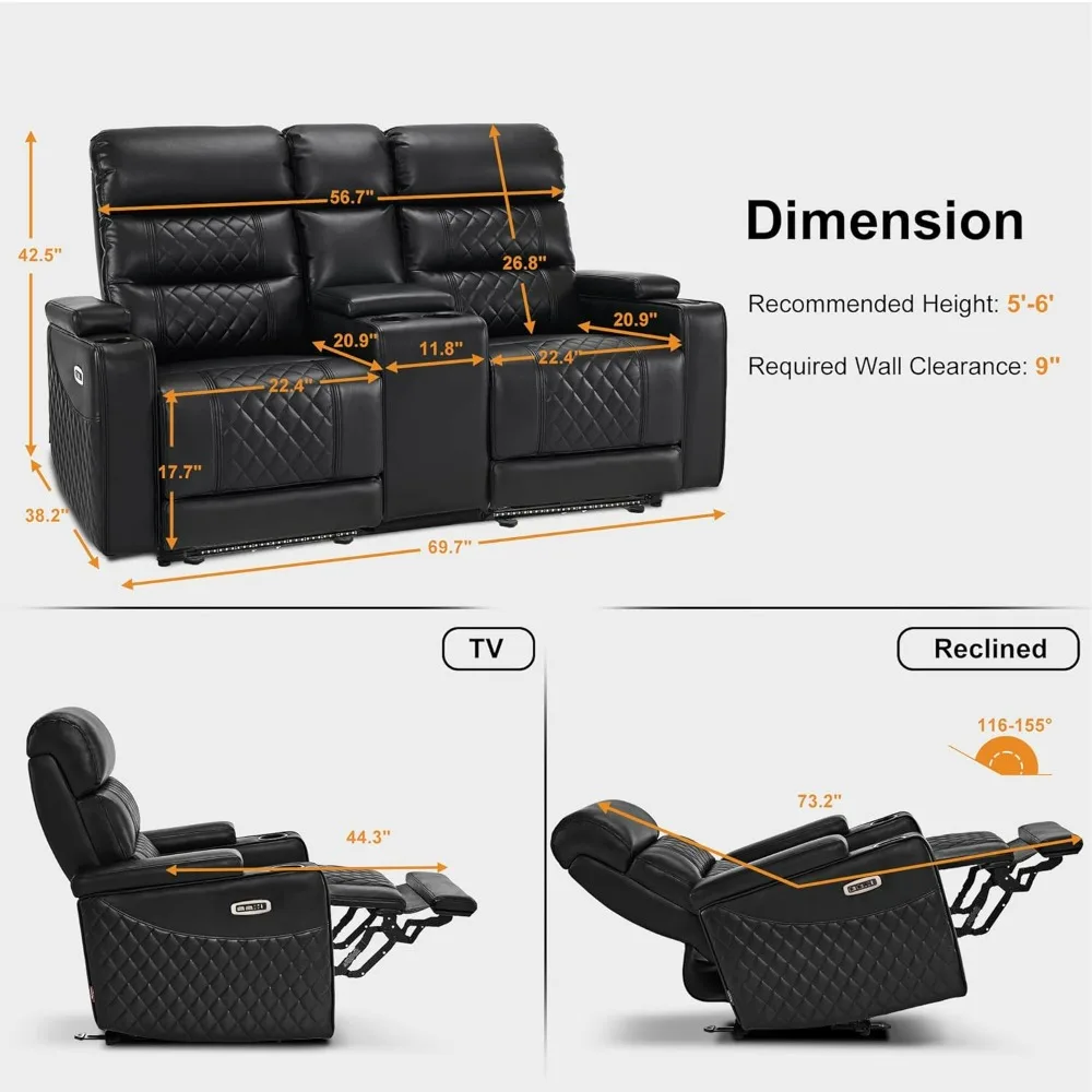 Power Recliner Loveseat Sofa, Home Theater Seating with USB & Type-C Ports and Adjustable Headrests and Console, Armrest Storage