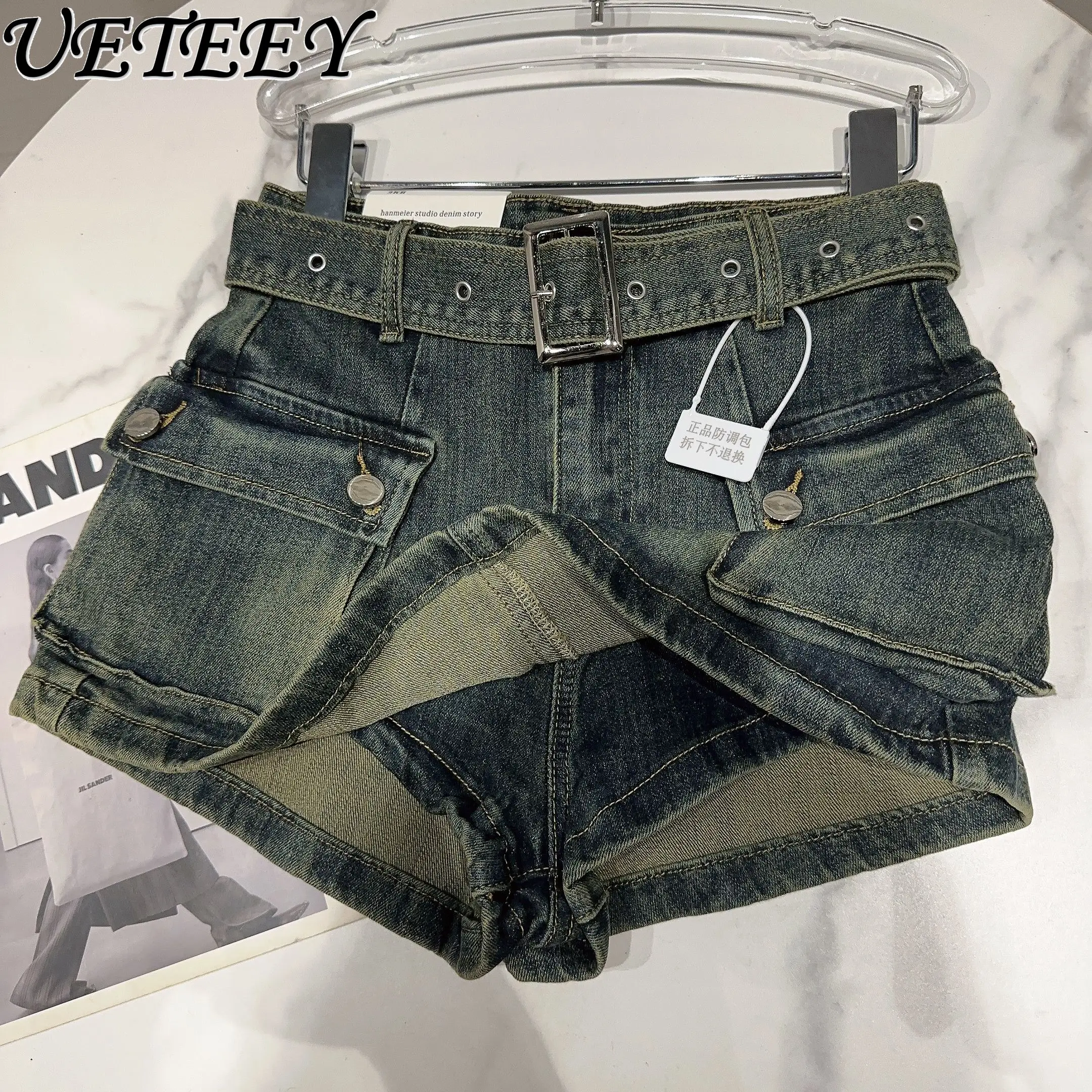 

Retro Big Pocket Belt Mini Skirt Denim Shorts Three-point Jeans Shorts Culottes 2025 Summer New Shorts Outside Female Hot Pants
