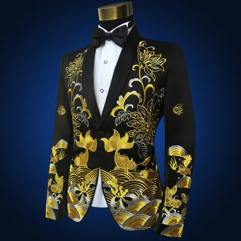 

Chinese Style Embroider Men Suit Outwear Performance Costume Adult Wedding Singer Stage Chorus Host Wearing