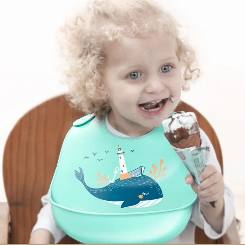 Soft Waterproof Silicone Baby Bib with Color Animal Pocket Washable Clean Bpa Free Infant Para Eating Feeding Supply for Toddler