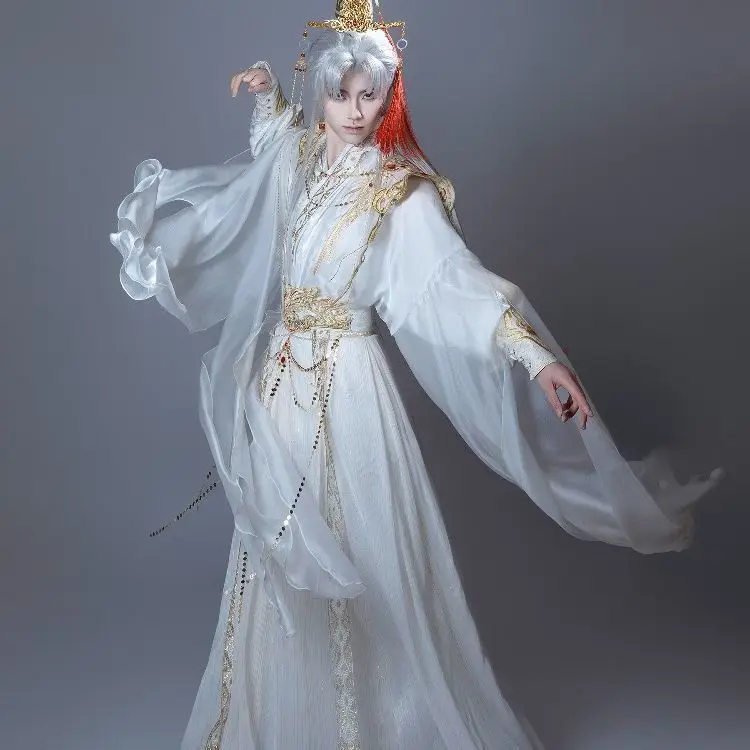 TGCF 2HA Han Element Cross Collar Front Opening Shirt Dragon Embroidery Waistband Hanfu cosplay costume