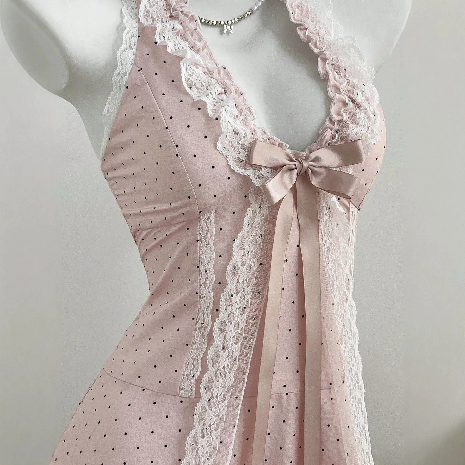 Bow V Neck Dress Fitted Sweet with Halter Neck Sleeveless Mini Length Slim Fit Bow Detail Wrinkle Finish Polka Dot for Women