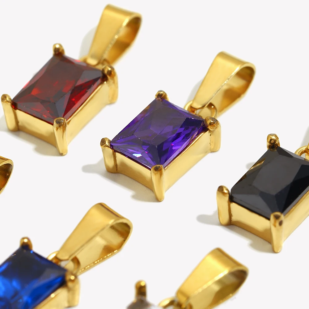 E.B.belle Stainless Steel Rectangular Zircon Stone Pendant Charm Tarnish Free 18K Gold Plated Women's Gift