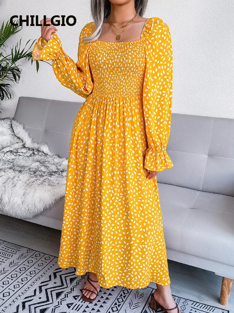 

CHILLGIO Women A Line Dot Ruched Summer Sundress Fashion Long Flare Sleeves Square Collar Party Bohemian Print Maxi Long Dress