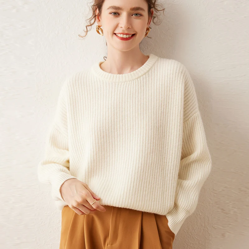 High-quality Autumn Winter Women\'s 100% Cashmere Sweater O-Neck Fashion Thicken Tops Female Loose Large Size Knitted Pullover