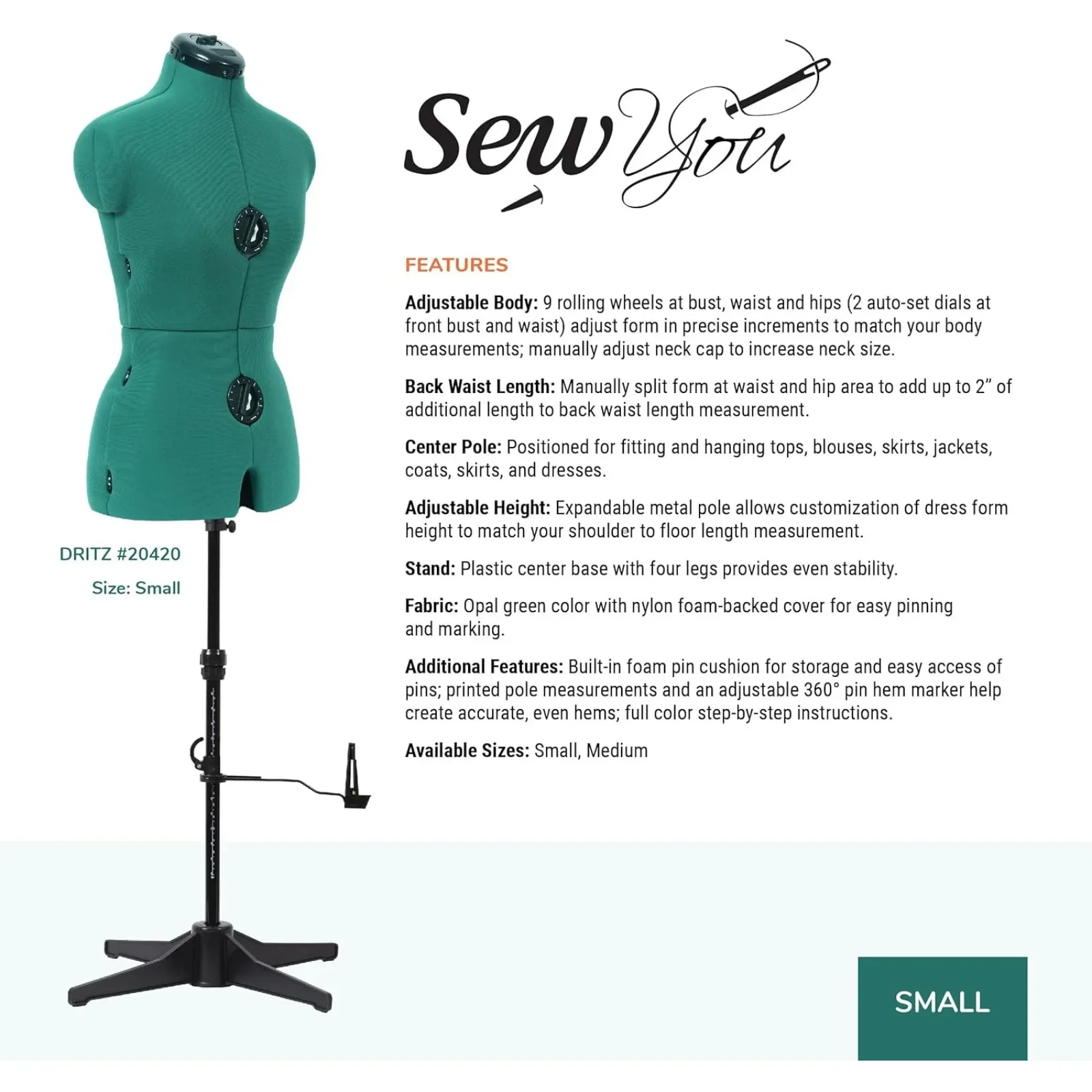 US Sew You Adjustable Dress Form, Medium, Opal Green