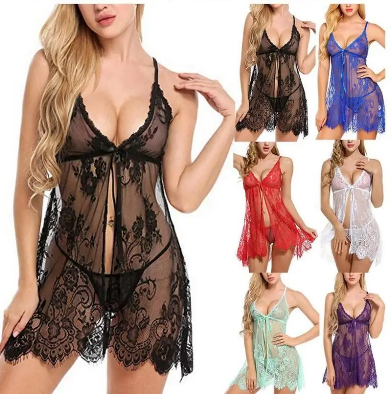 

Sexy Lace Sp Dr Women's Underwear ort Skirt Pure Color V-ne Svel Home Leisure Hollow out Cross-Border