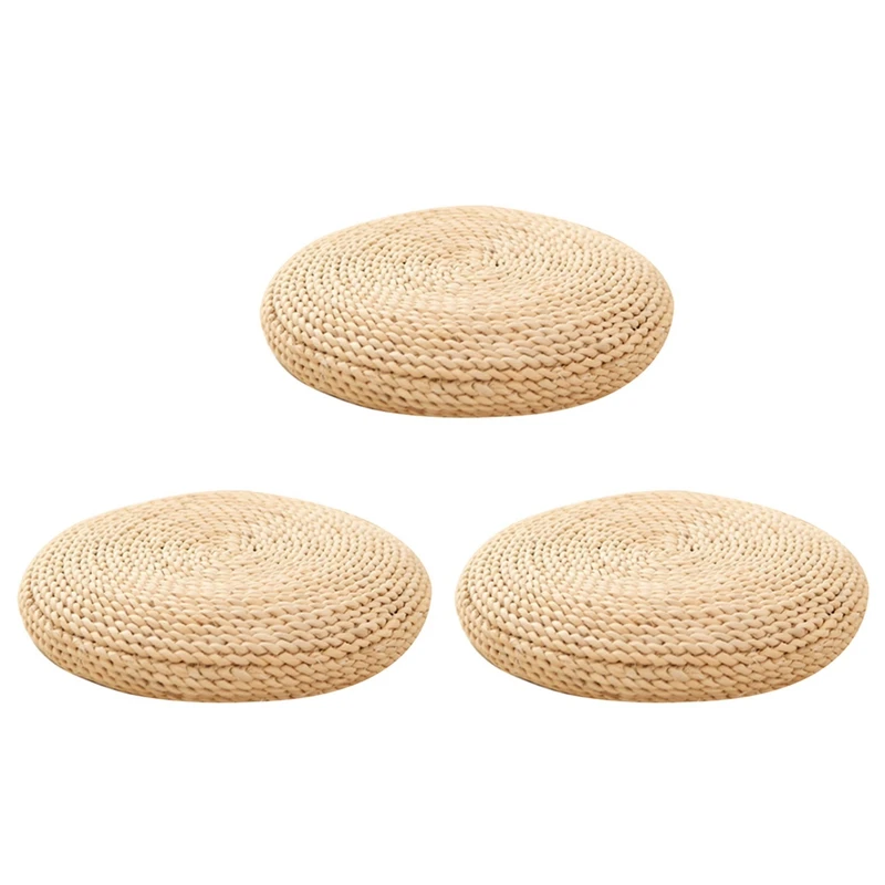 3X Round Natural Pouf Hand-Made Weaving Cushion Fill The Silk Floss Pillow Soft Yoga Chair Seat Mat Tatami Window Pad(B)