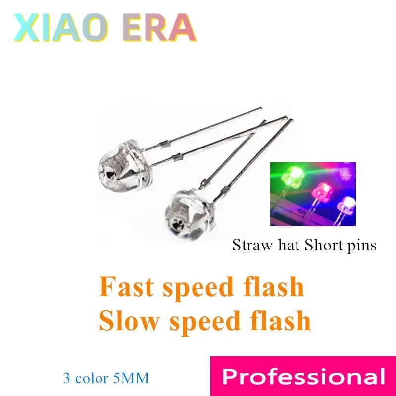 5MM 1000PCS RGB Straw hat led Fast flash Slow flash LED Tri-color 2P short pins Transparent Red Green Blue 3 color