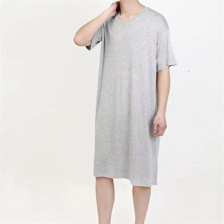 2024 Men\'s Modal Pajamas Robe Home Clothes Short Sleev V-neck One-piece Nightgown Summer Men\'s Solid Loose Bathrobe Sleepwear