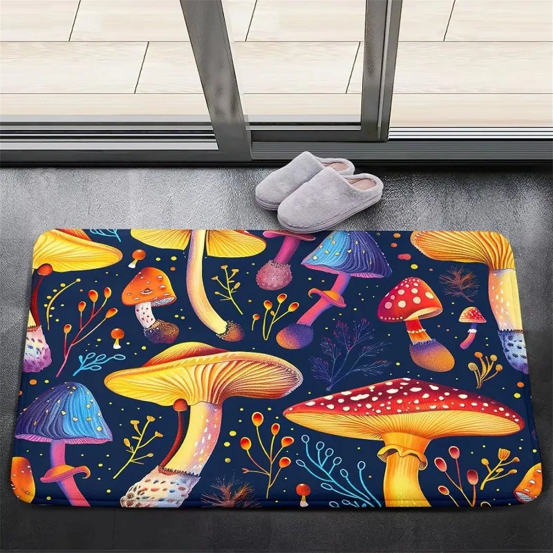 Fantasy Mushrooms Pattern Door Mat Fairytale Style Colorful Fluorescent Plant Entryway Decor Carpet Outdoor Indoor