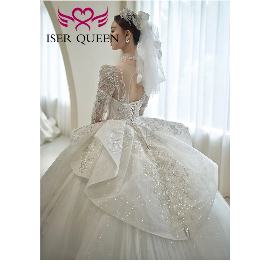 Personnalisé 2025 hiver nouvelle robe de mariée manches longues robe de bal dos creux perles brillant luxe robe de mariée pour mariage WX0491