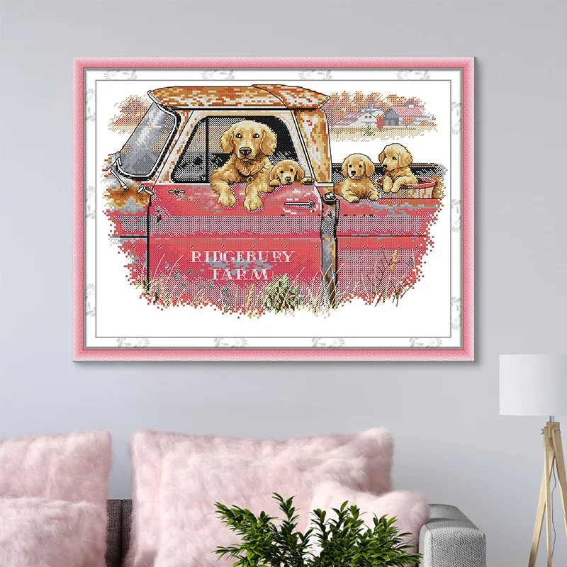 

Joy Sunday Pre-printed Cross Stitch Kit Aida Stamped Fabric Embroidery Set-Golden Retrievers