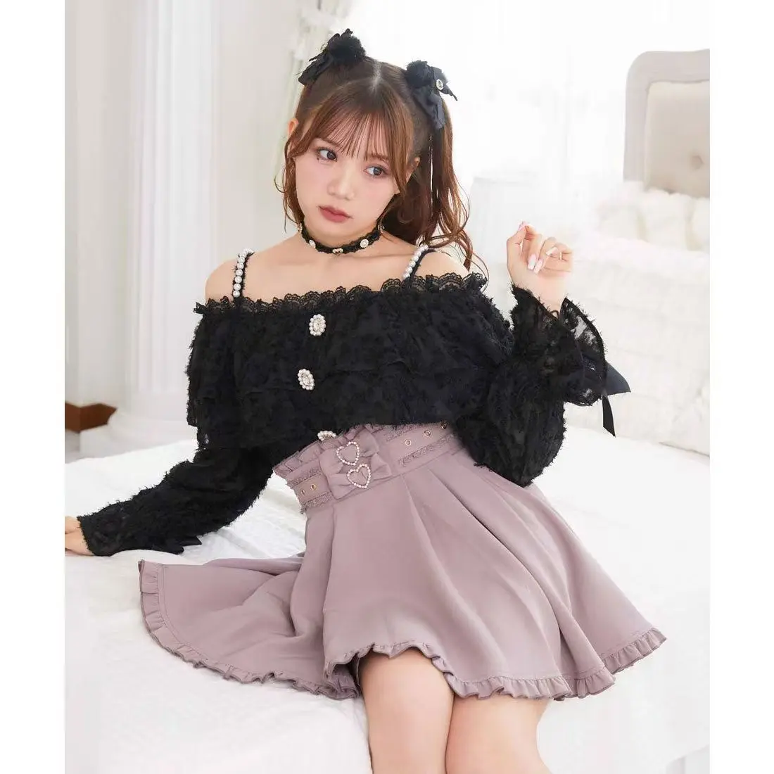 بلوزة روجيتا اليابانية الأنيقة من الدانتيل مقسمة مثيرة مكشوفة الأكتاف وأكمام طويلة وأشرطة من اللؤلؤ قميص نحيف متعدد الاستخدامات للنساء #2